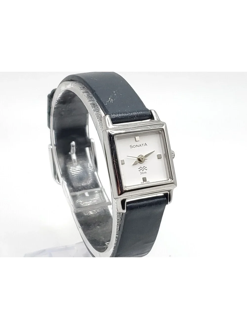 Sonata Quartz Watch Womens New Battery Silver Tone Black Band Square 17mm